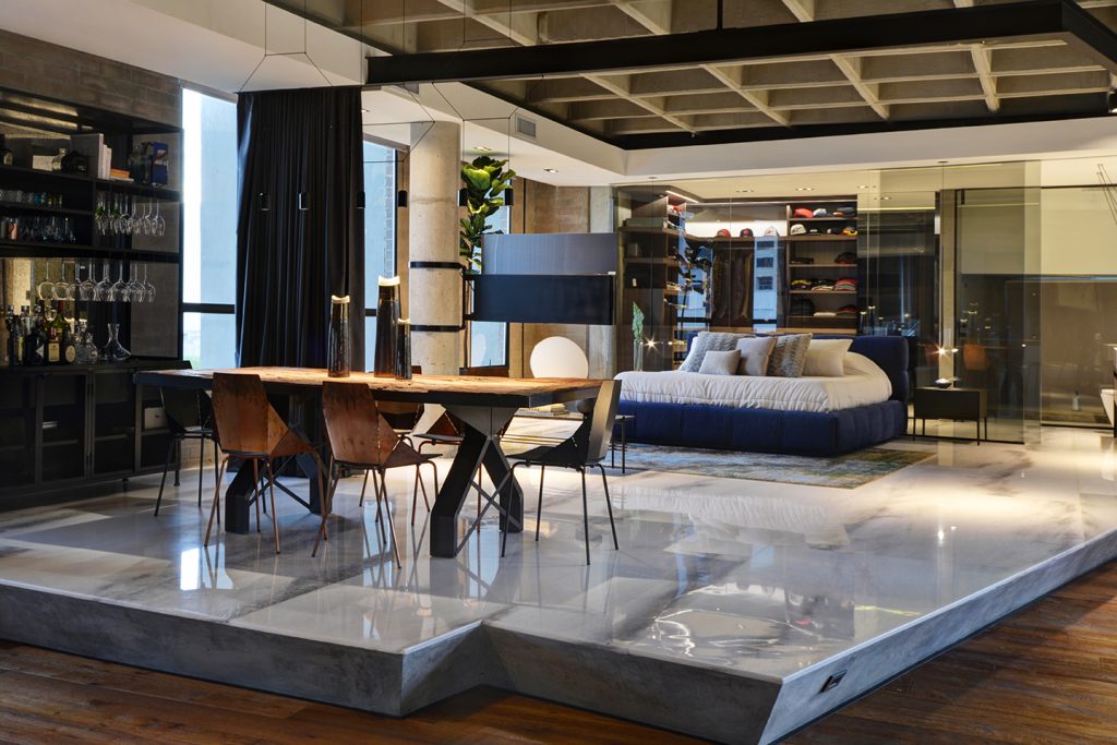 Bedroom on Raised Marble Flooring in the sexiest loft in Medellin